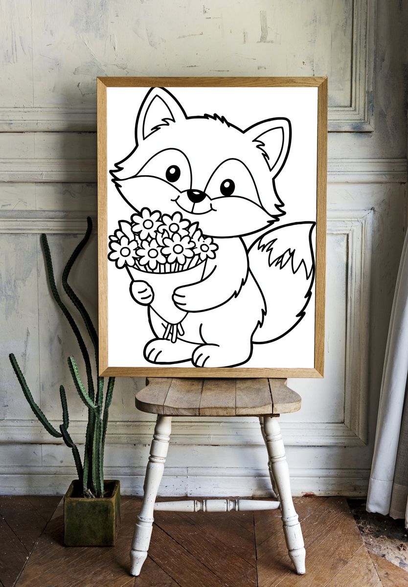 Cute Fox with Flowers Print. — room view 1
