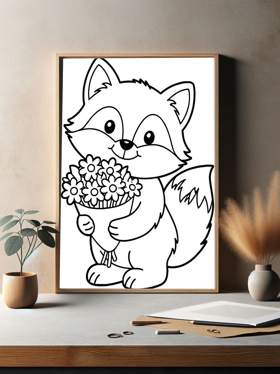Cute Fox with Flowers Print. — room view 2