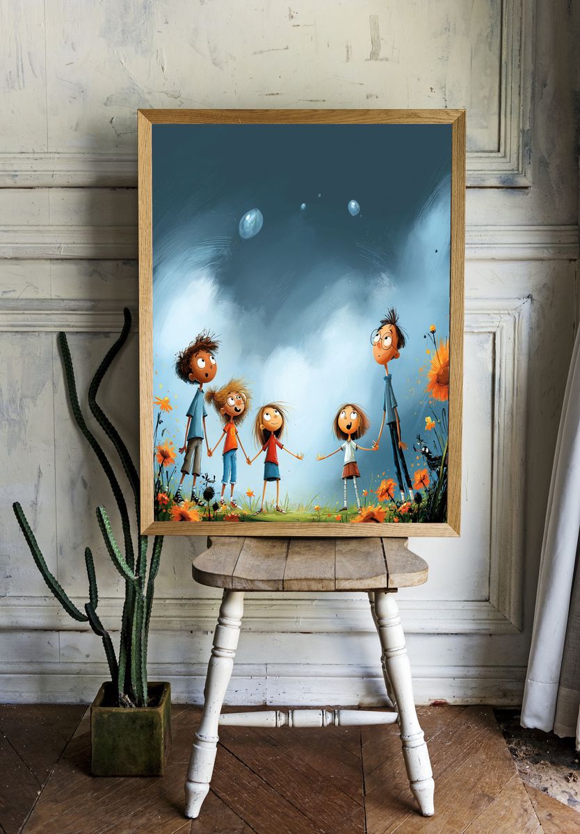 Whimsical Children Under the Sky Poster. — room view 1