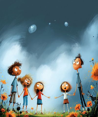 Whimsical Children Under the Sky Poster.