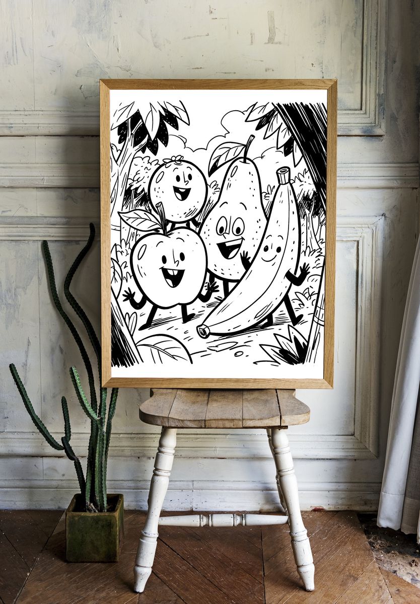 Happy Fruit Jungle Coloring Poster. room preview