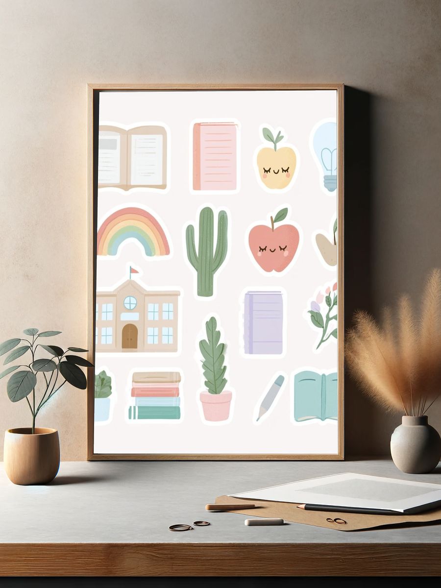 Pastel School Supplies Illustration Poster. — room view 2