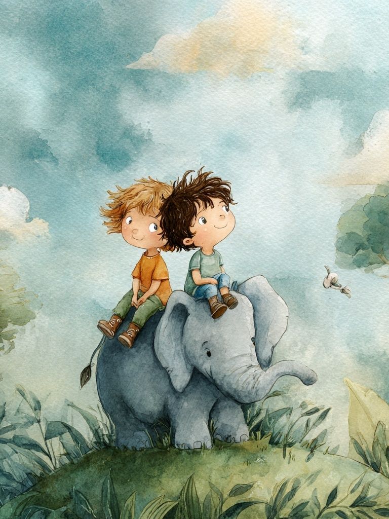 Two Boys on an Elephant — Watercolor Print. poster — illustration art