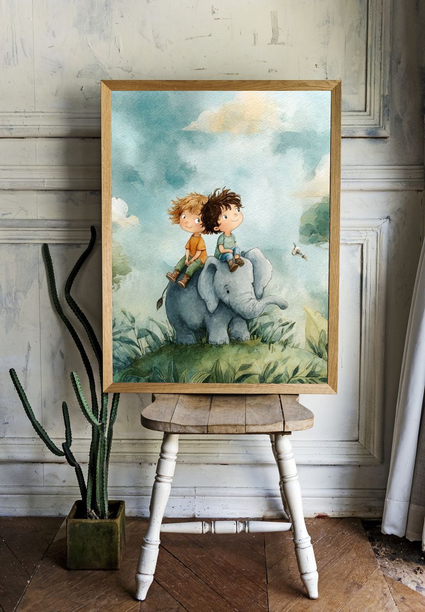 Two Boys on an Elephant — Watercolor Print. — room view 1