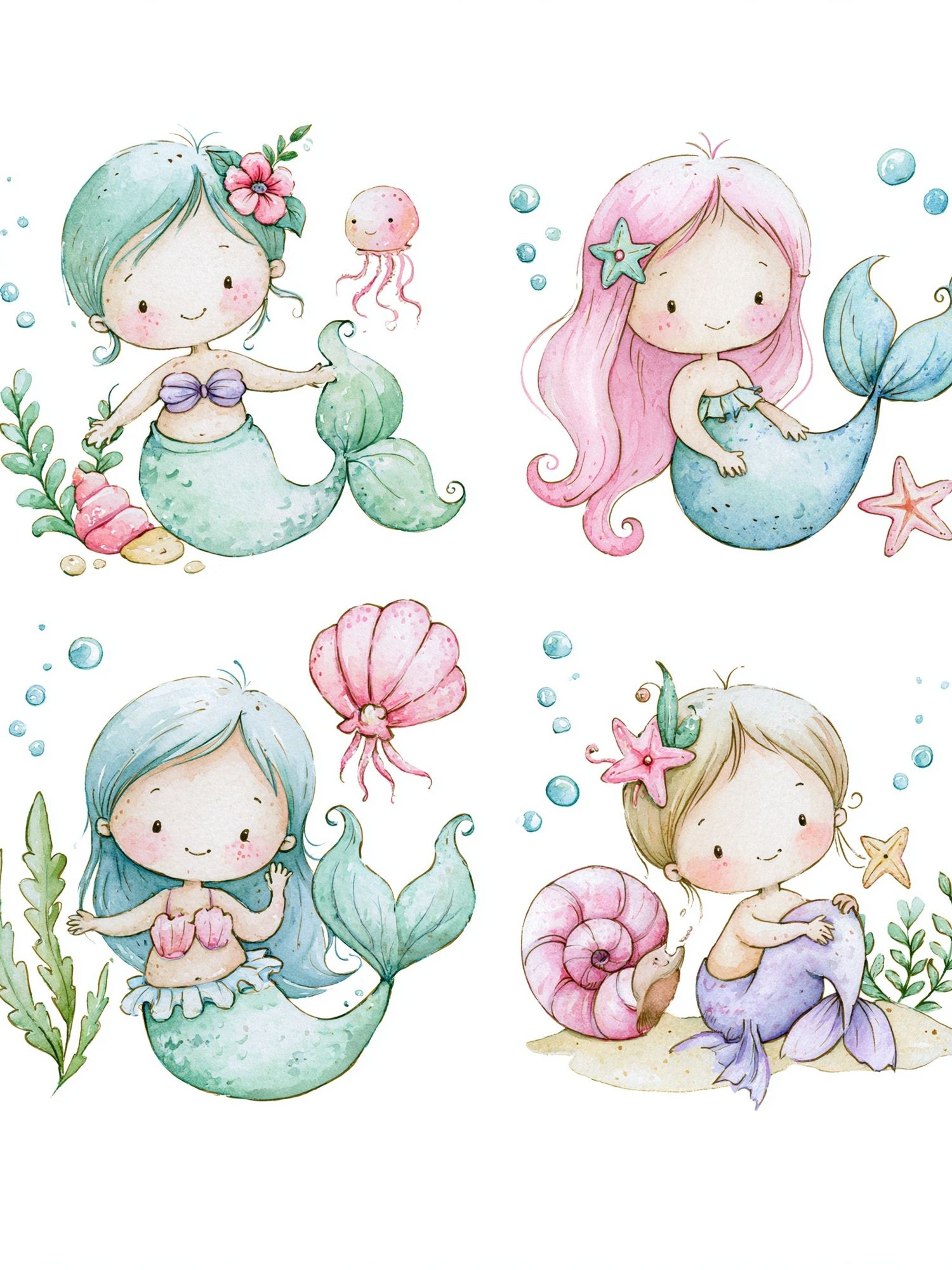 Cute Mermaid Quartet Watercolor Poster. poster — kids art
