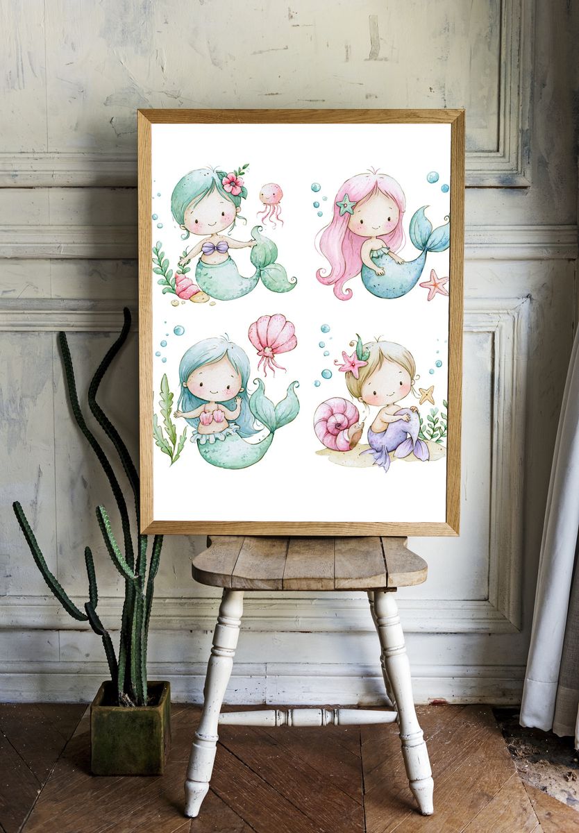 Cute Mermaid Quartet Watercolor Poster. room preview