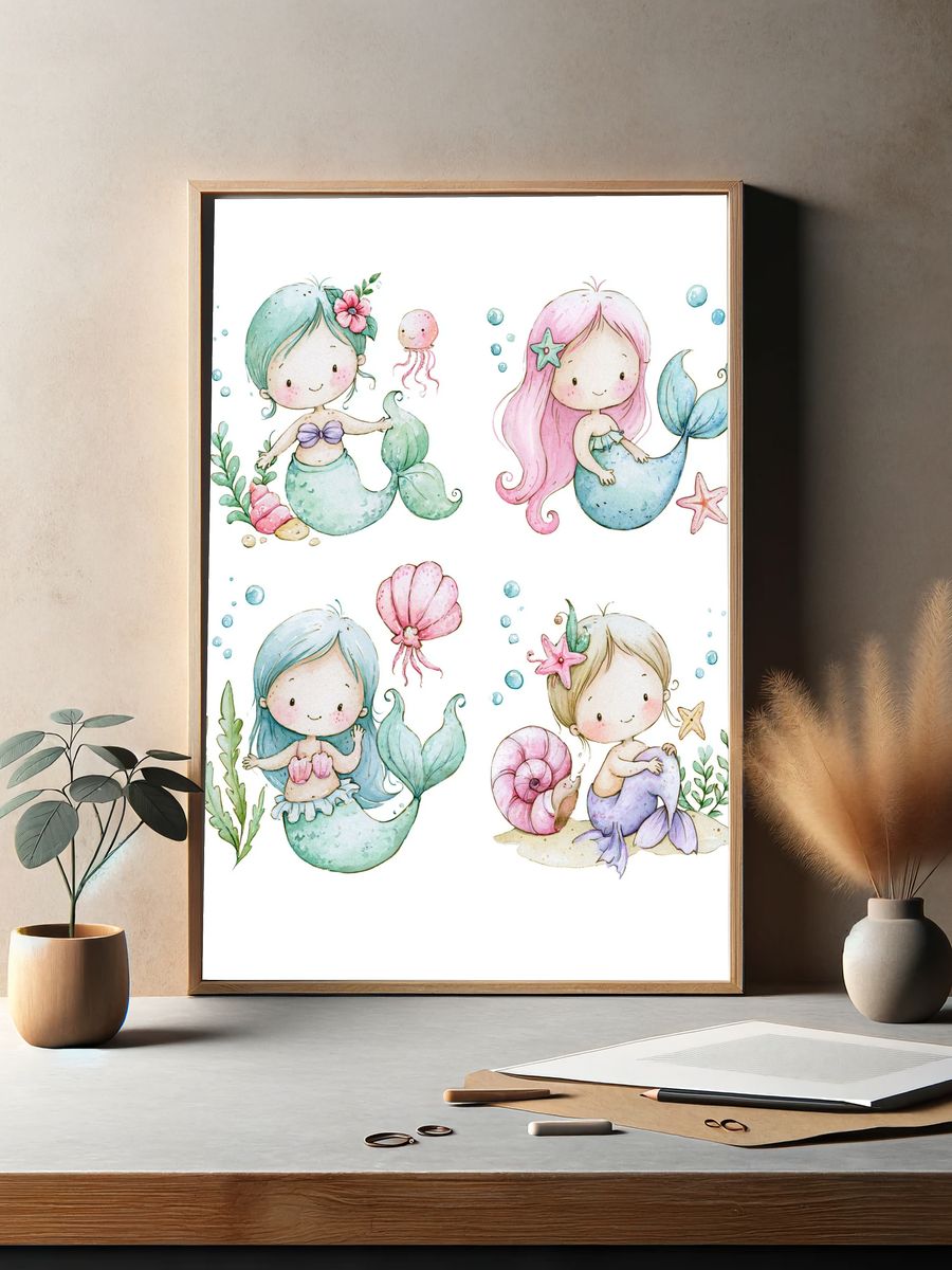 Cute Mermaid Quartet Watercolor Poster. — room view 2