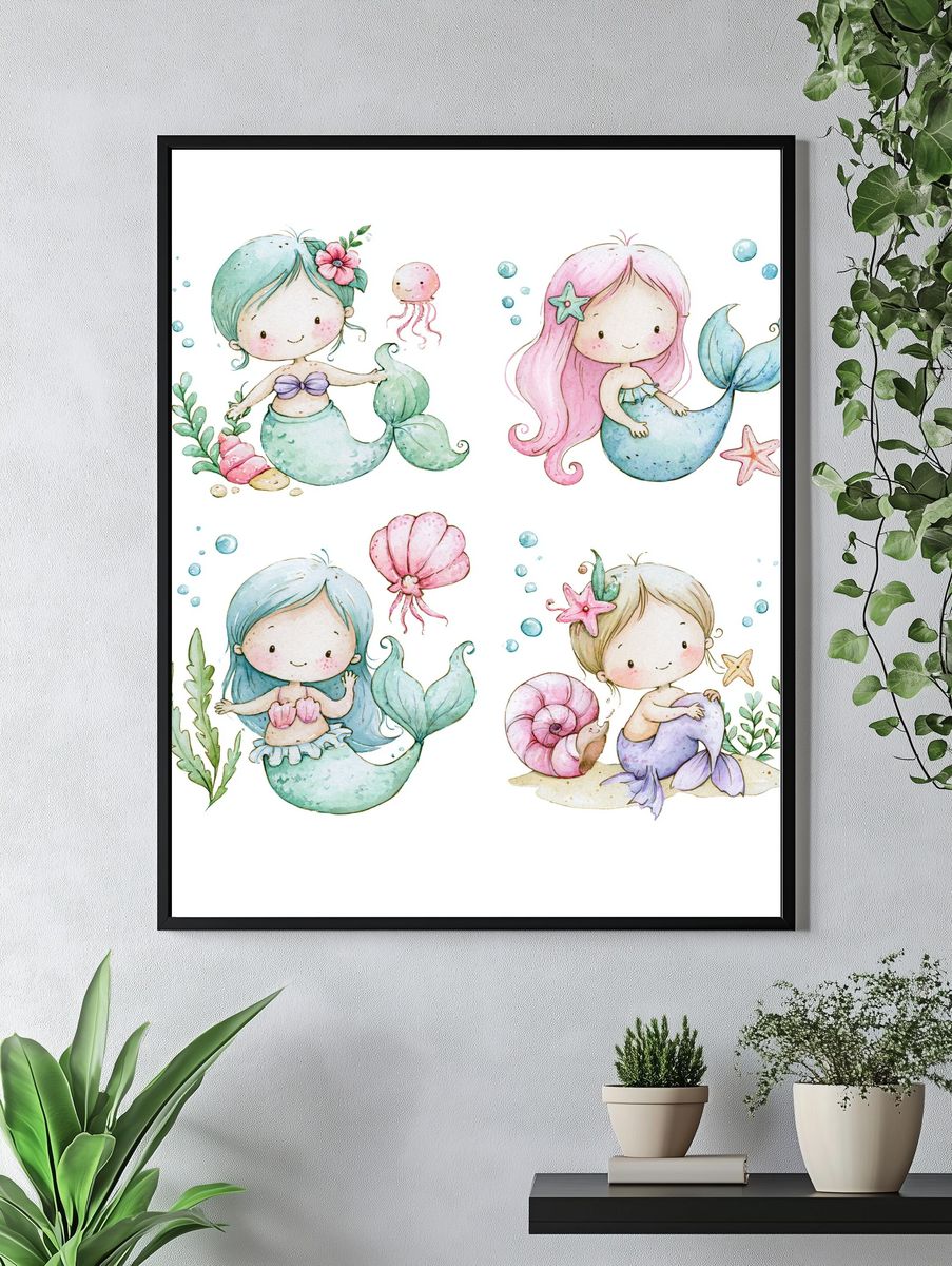 Cute Mermaid Quartet Watercolor Poster. — room view 4