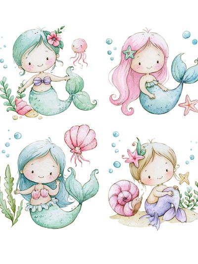 Cute Mermaid Quartet Watercolor Poster. poster