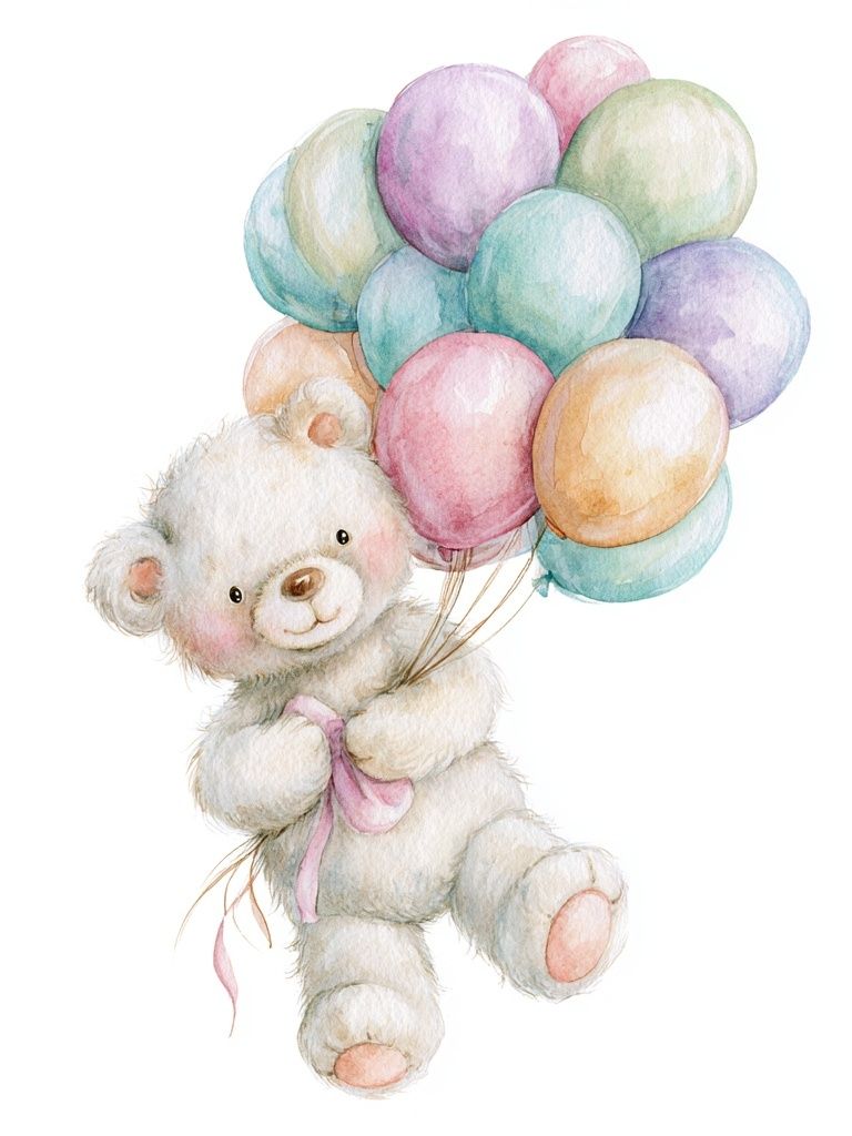 Teddy Bear Balloons Watercolor Print. poster detail