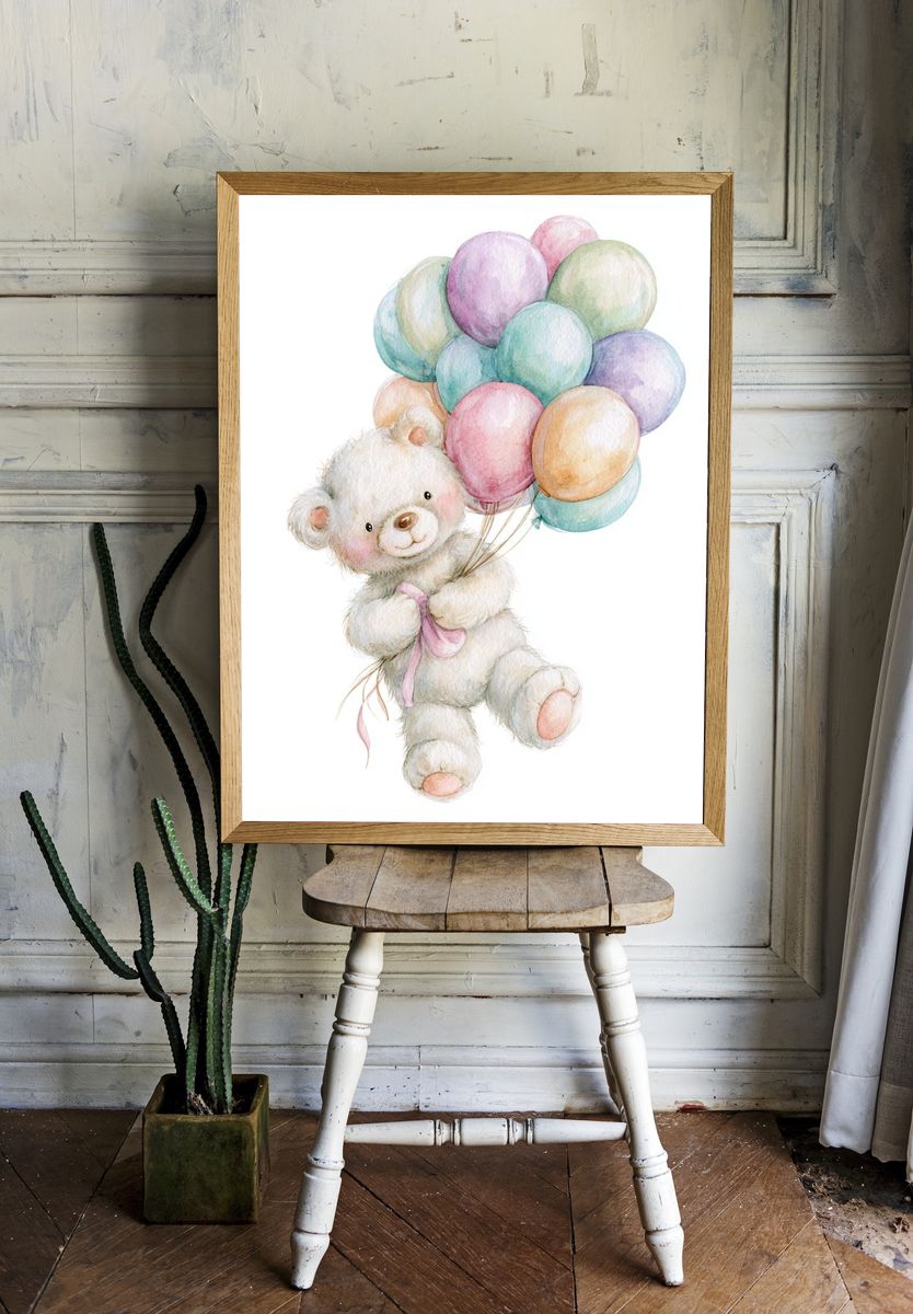 Teddy Bear Balloons Watercolor Print. room preview