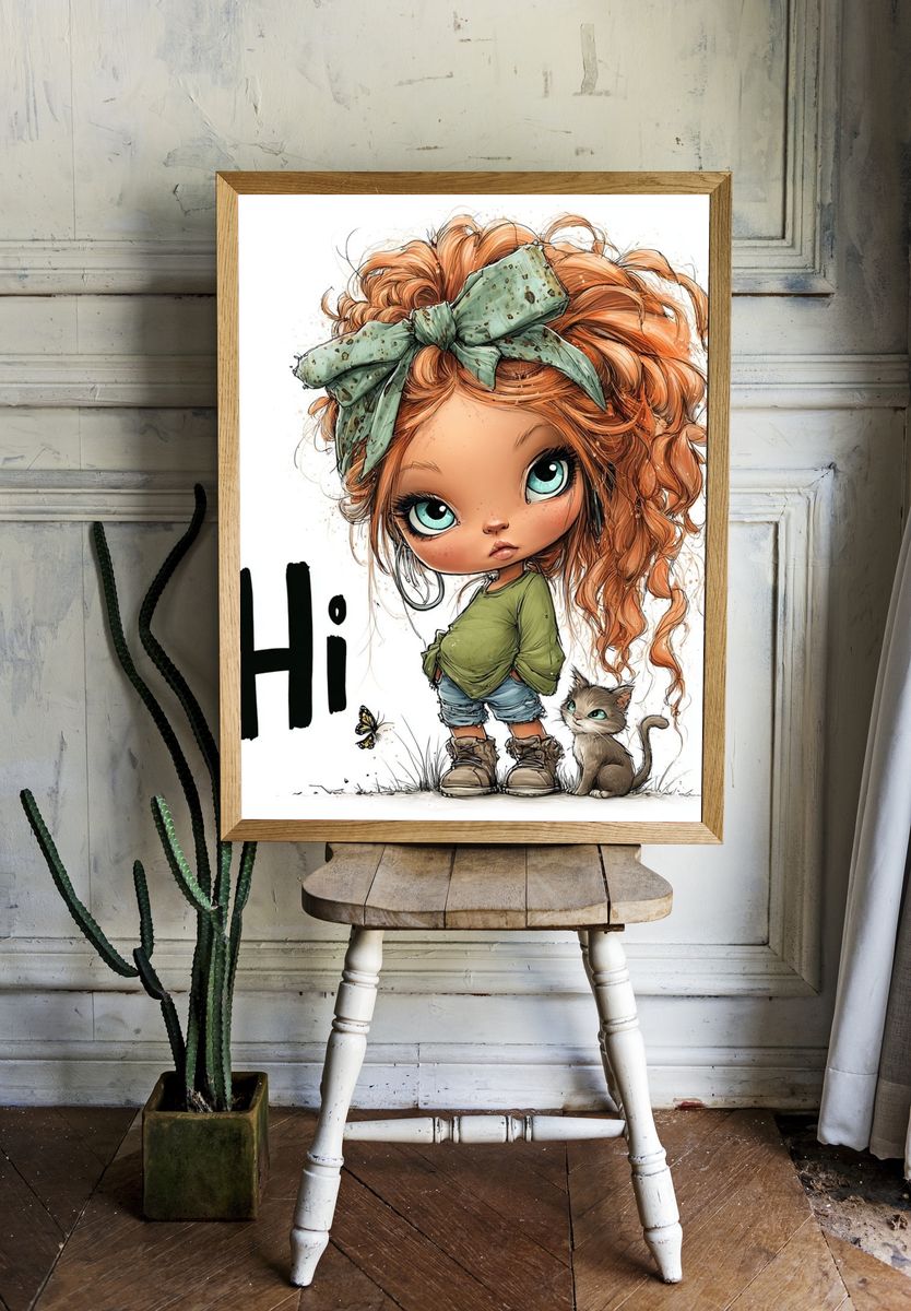 Cute Girl and Cat Typography Poster. — room view 1