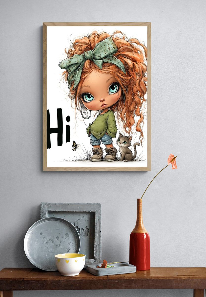 Cute Girl and Cat Typography Poster. — room view 3