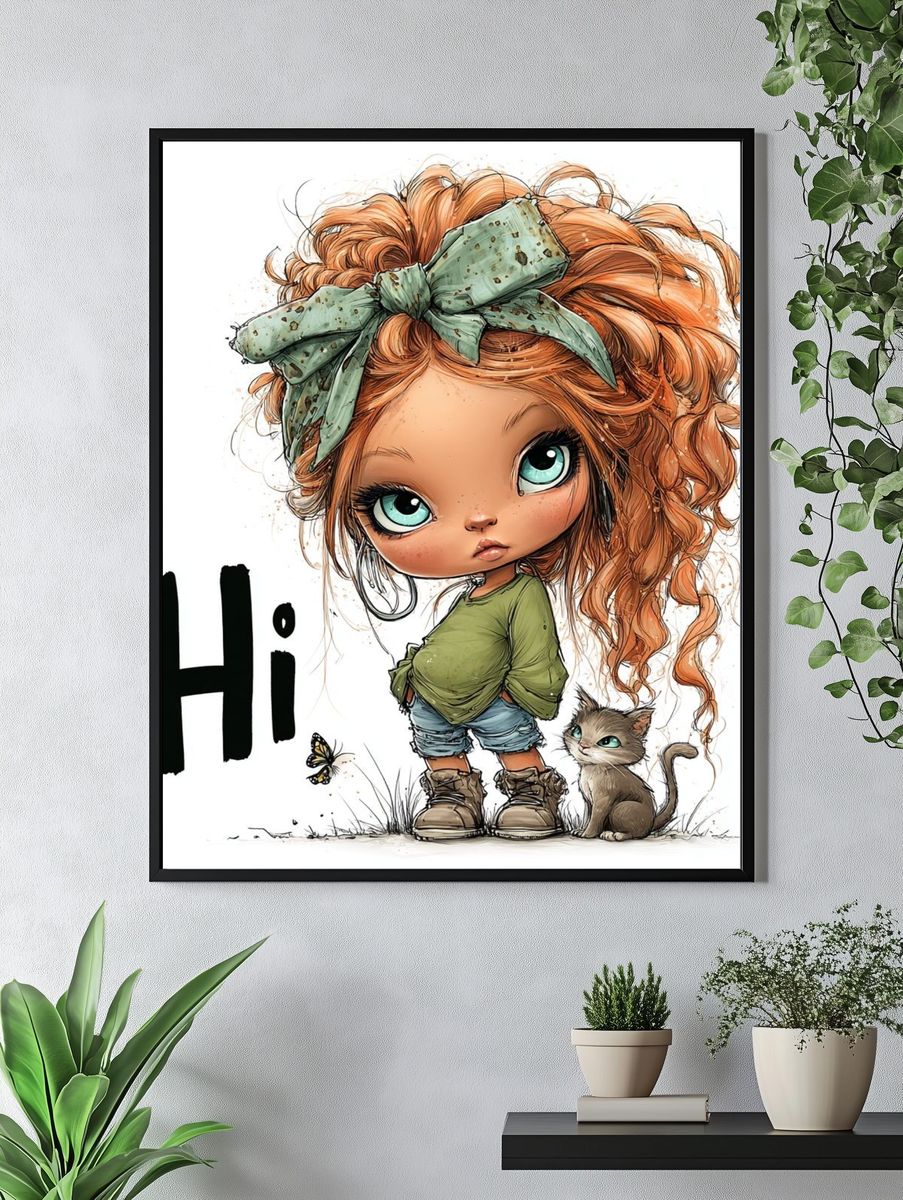 Cute Girl and Cat Typography Poster. — room view 4