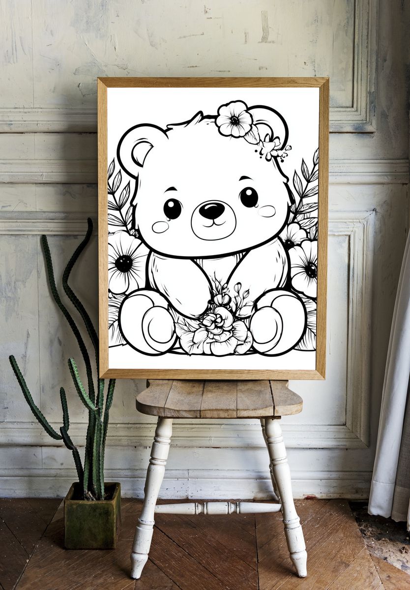 Floral Teddy Bear Illustration Poster. — room view 1