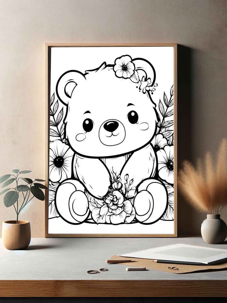 Floral Teddy Bear Illustration Poster. — room view 2