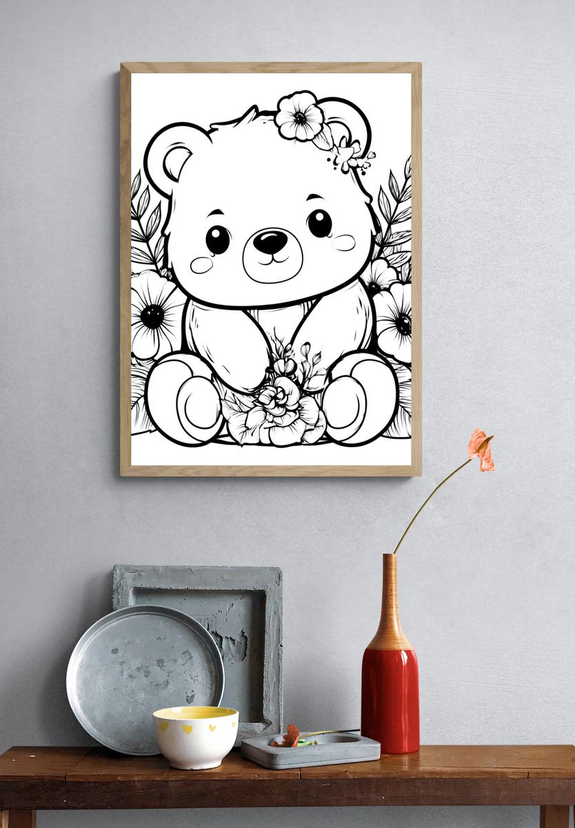 Floral Teddy Bear Illustration Poster. — room view 3
