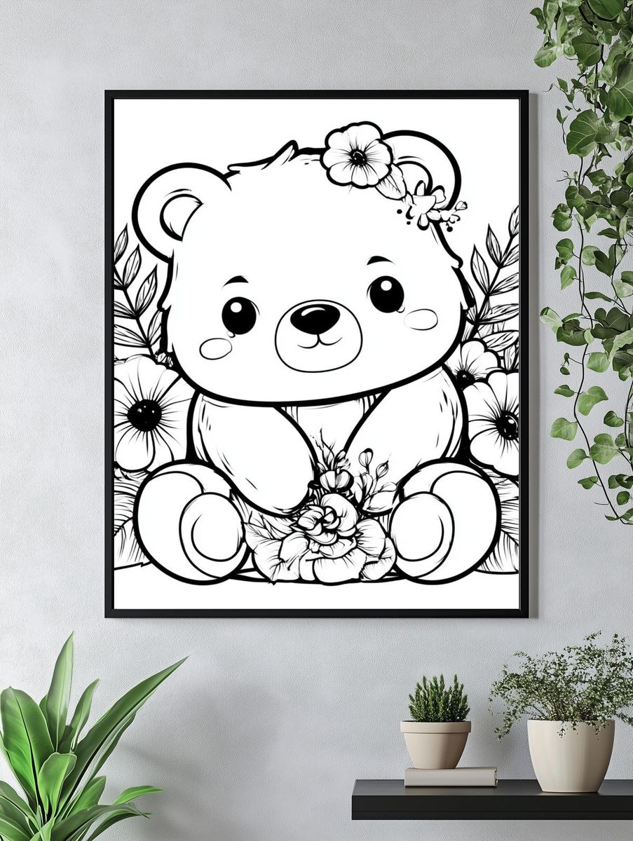 Floral Teddy Bear Illustration Poster. — room view 4