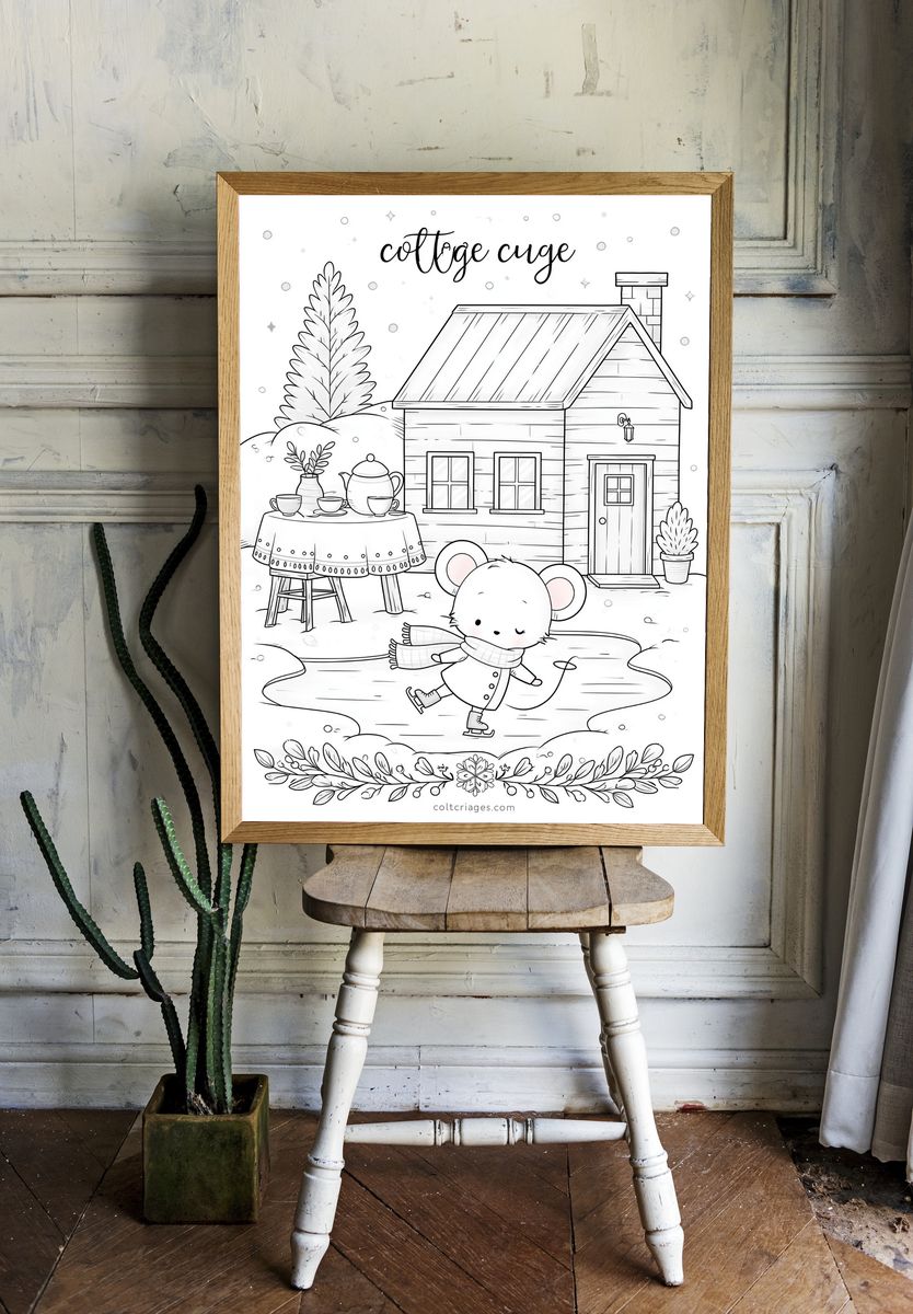 Cozy Cottage Winter Coloring Poster. — room view 1