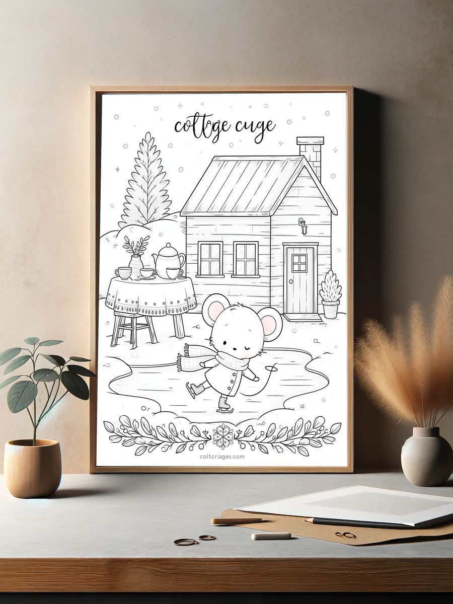 Cozy Cottage Winter Coloring Poster. — room view 2