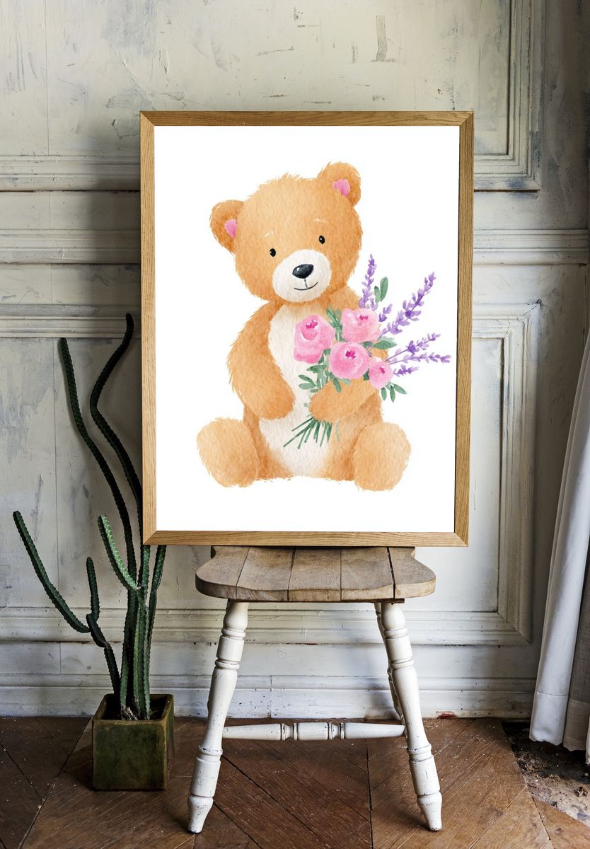 Cute Bear with Flowers — Watercolor Print. — room view 1