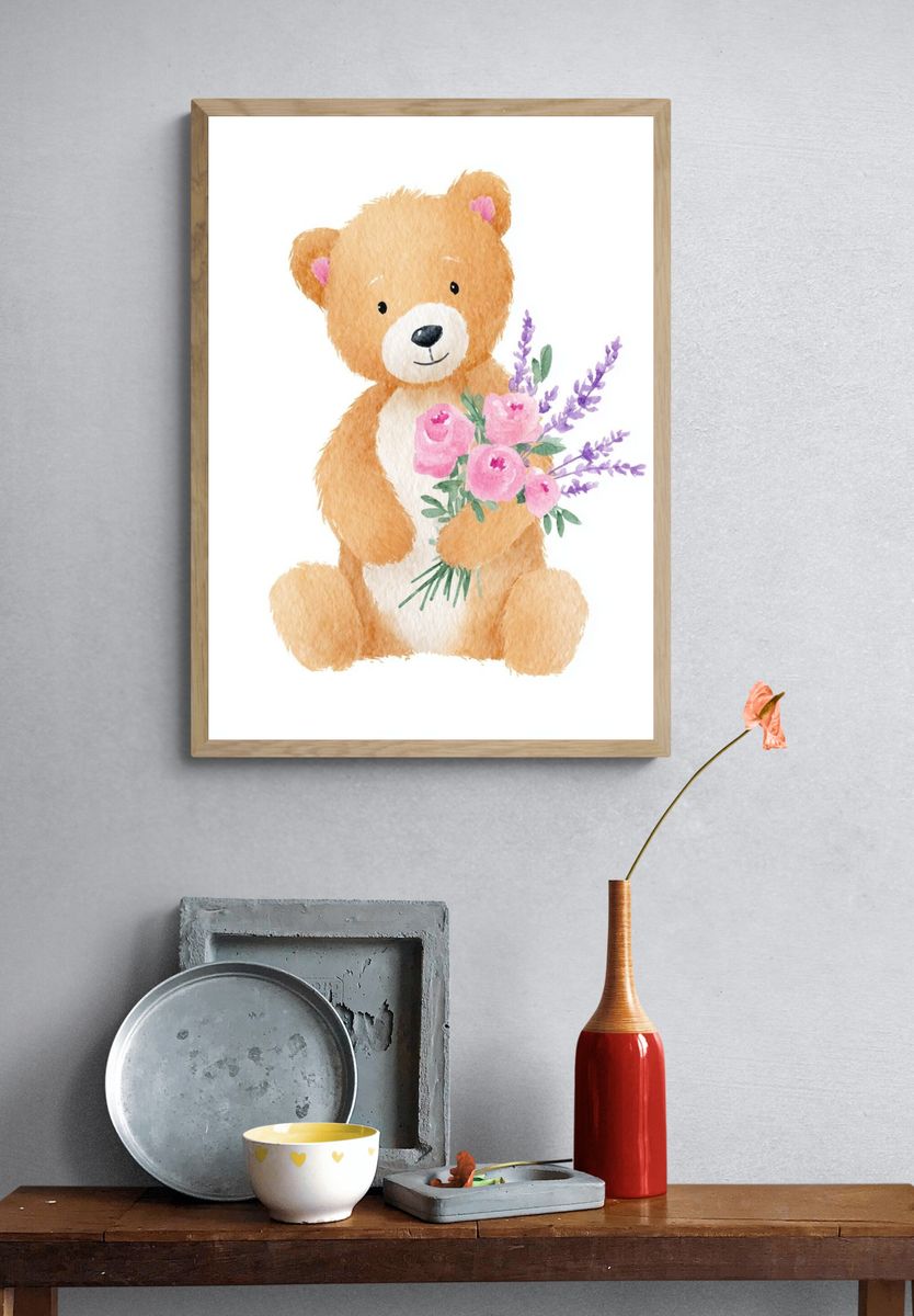 Cute Bear with Flowers — Watercolor Print. — room view 3