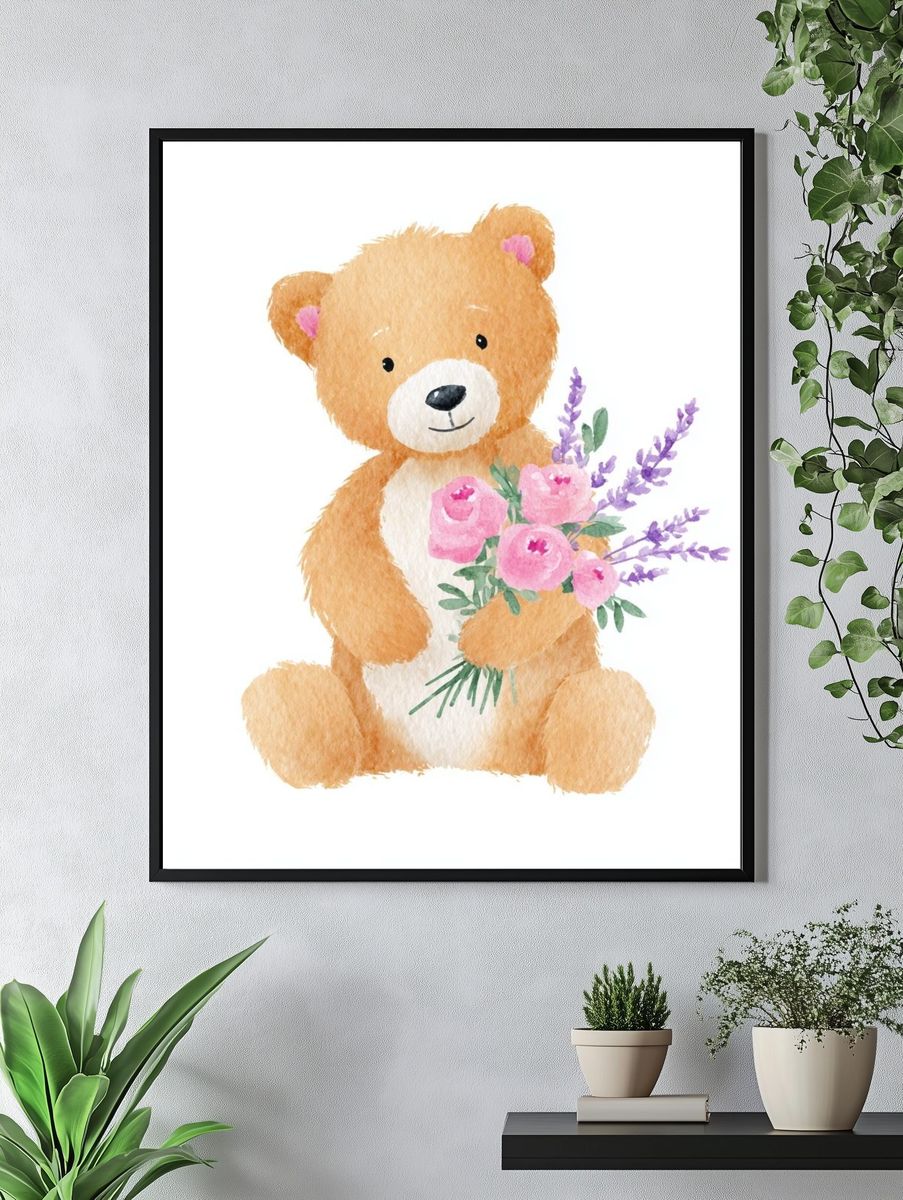 Cute Bear with Flowers — Watercolor Print. — room view 4