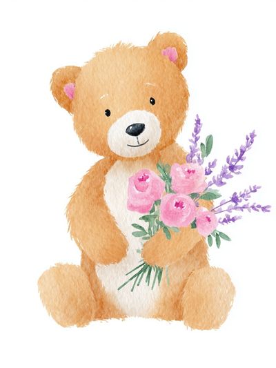Cute Bear with Flowers — Watercolor Print. poster print