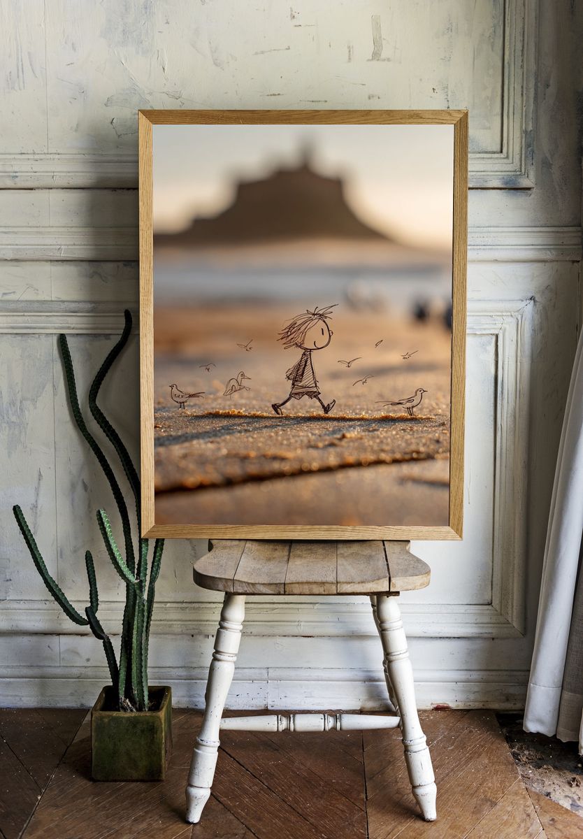 Child Walking on Beach — Illustration Print room preview