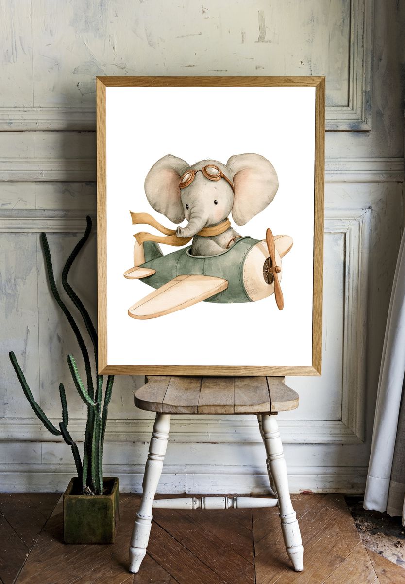 Flying Elephant Nursery Illustration Poster. — room view 1