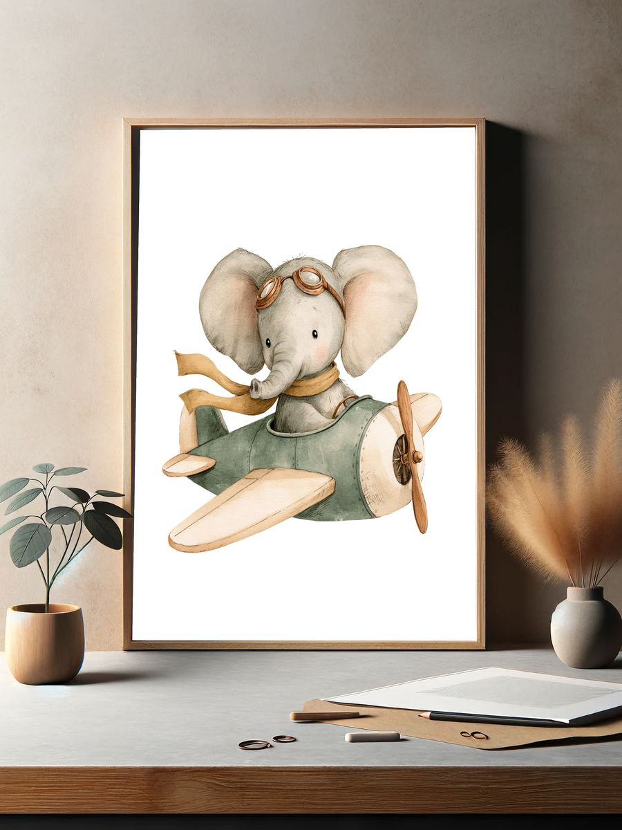 Flying Elephant Nursery Illustration Poster. — room view 2