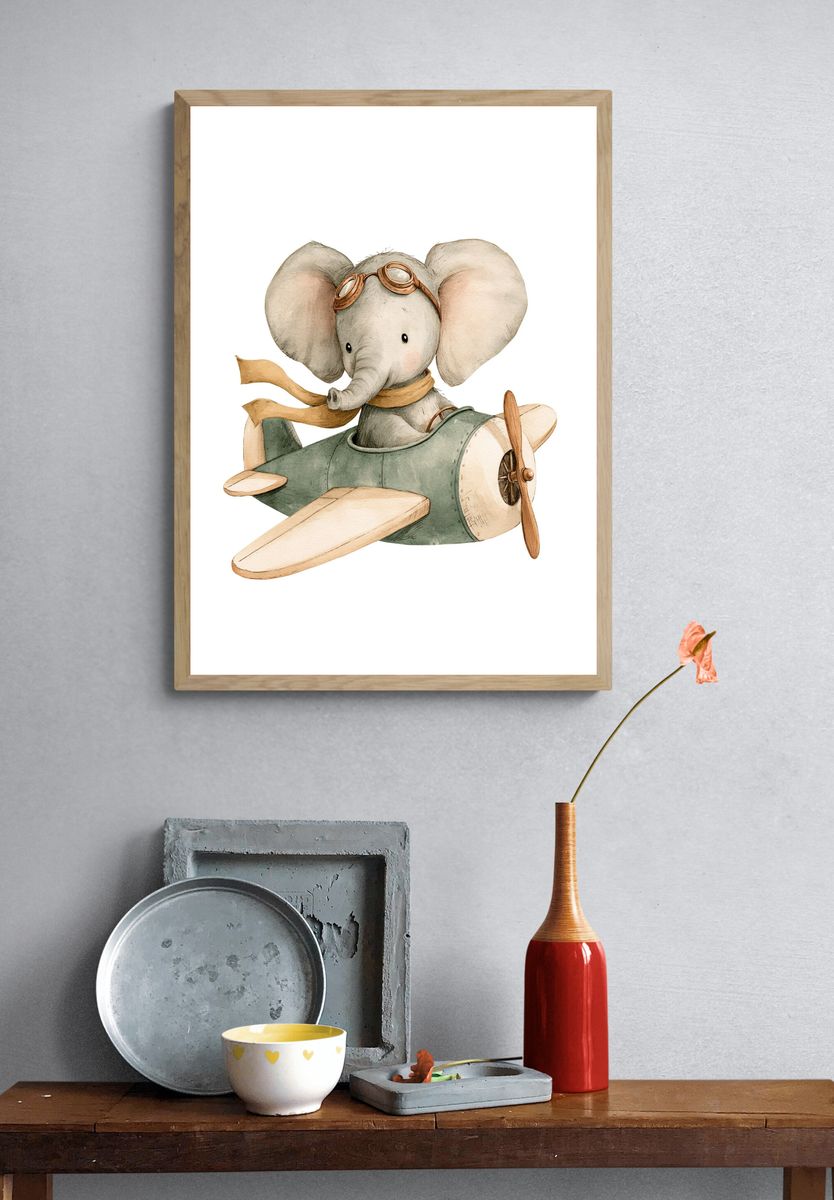 Flying Elephant Nursery Illustration Poster. — room view 3
