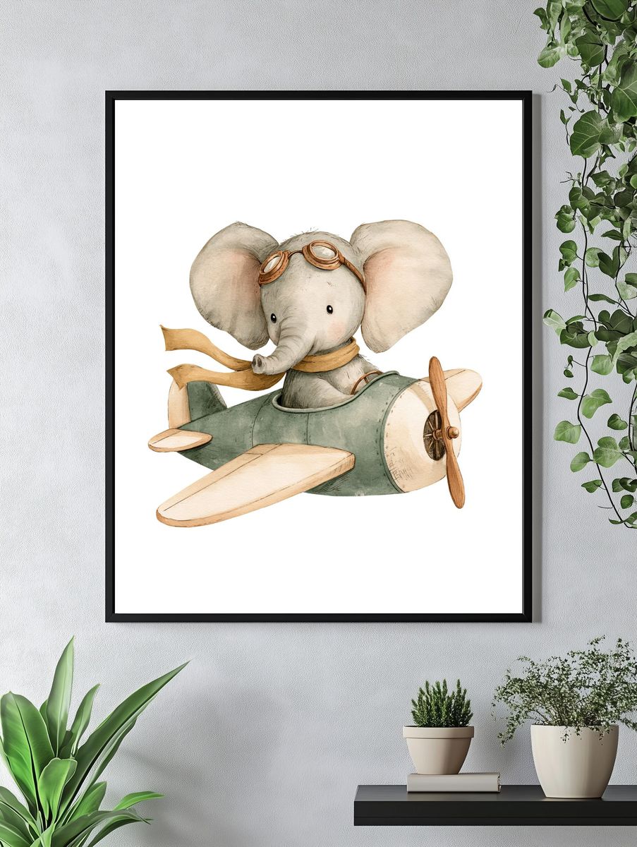 Flying Elephant Nursery Illustration Poster. — room view 4