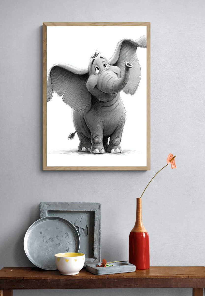 Happy Elephant — Cartoon Print. — room view 3