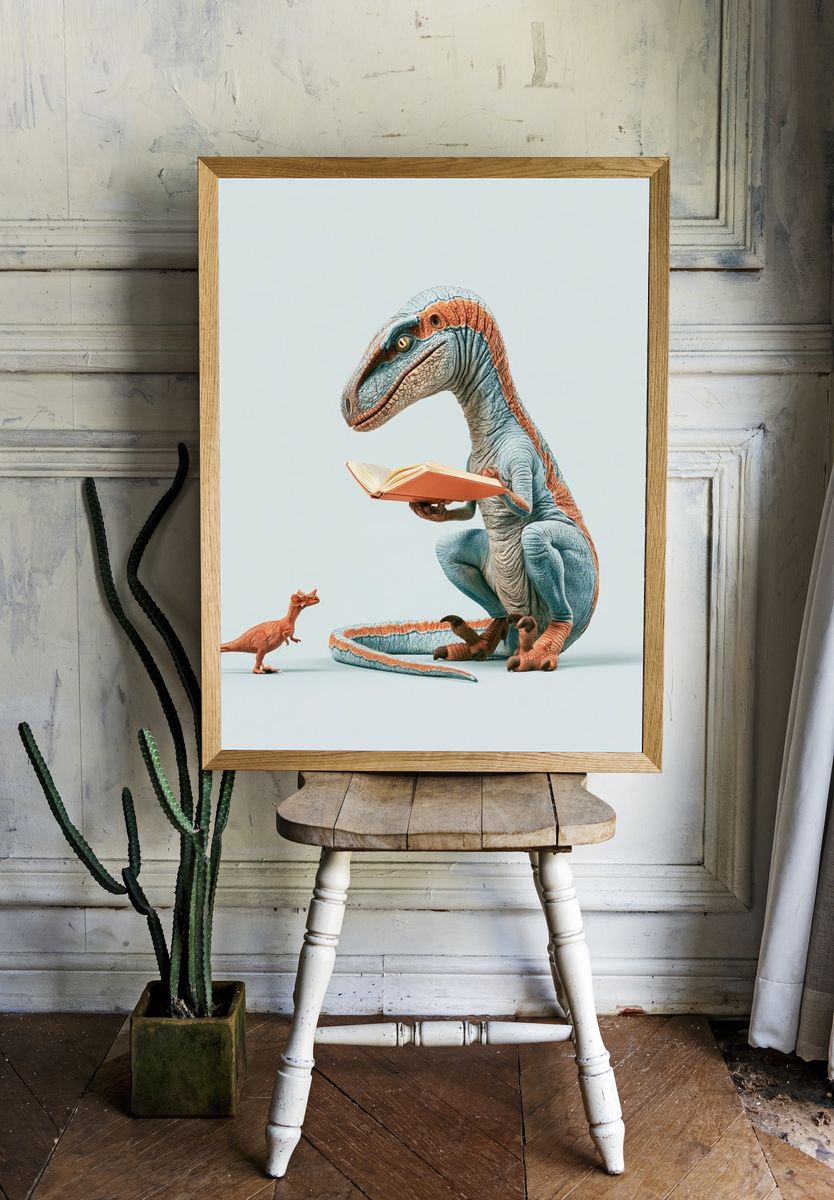 Dinosaur Reading Book Poster. — room view 1