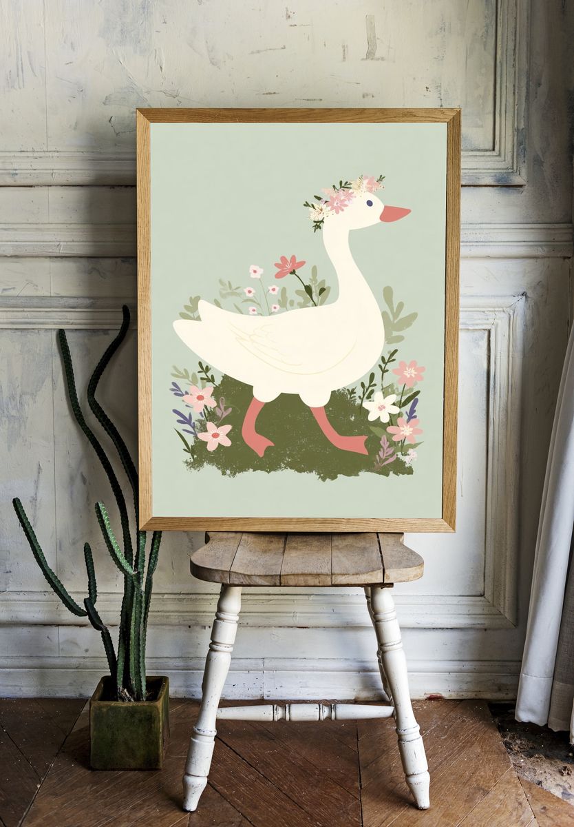 Floral Goose Nursery Print. — room view 1