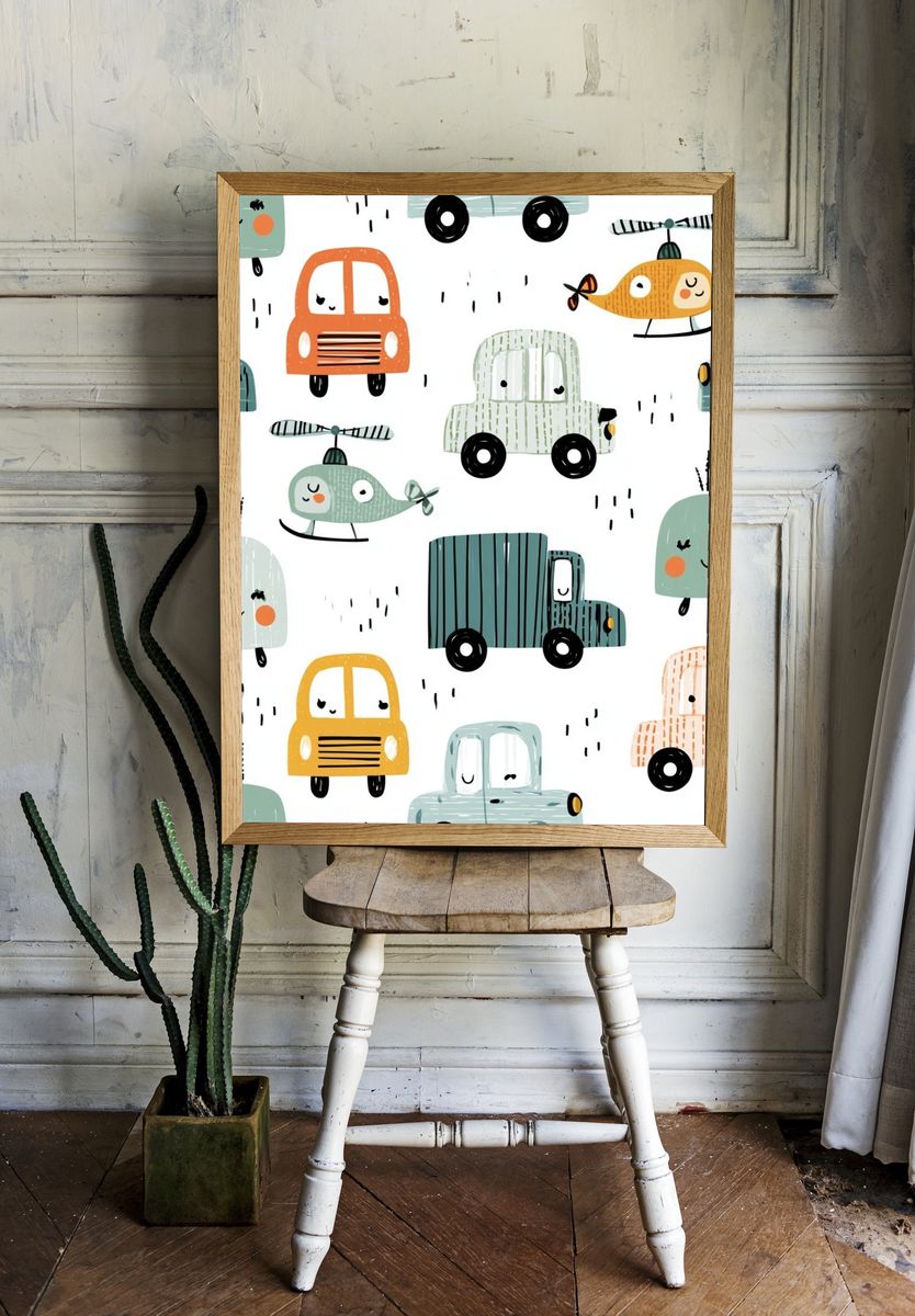 Cute Vehicles Nursery Print. room preview