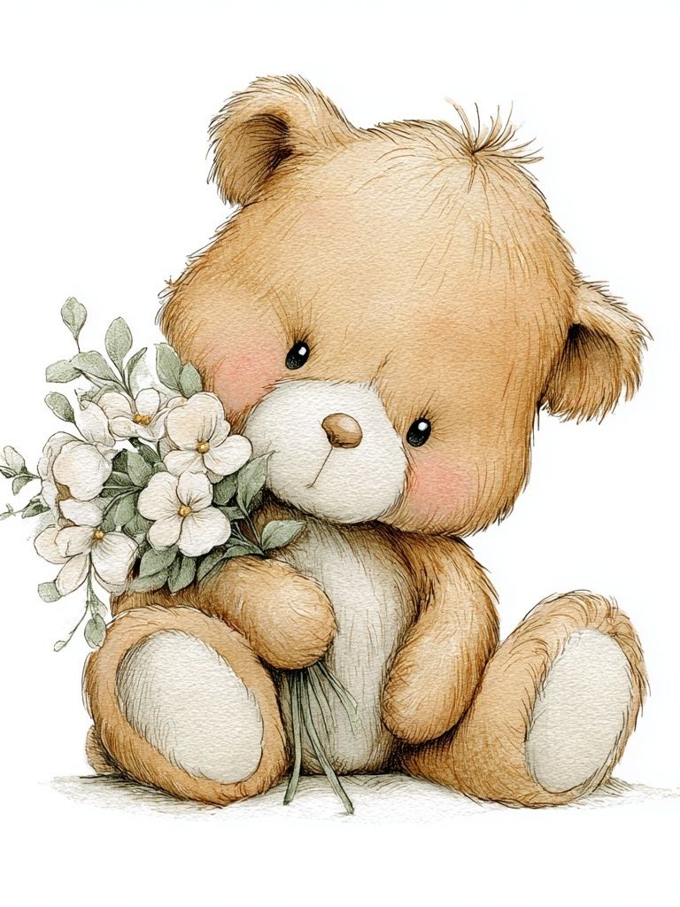Cute Teddy Bear with Flowers — Illustration Print. poster detail