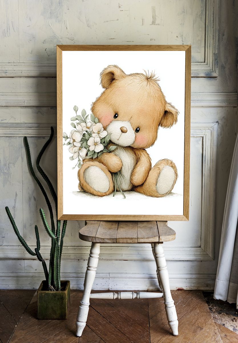 Cute Teddy Bear with Flowers — Illustration Print room preview