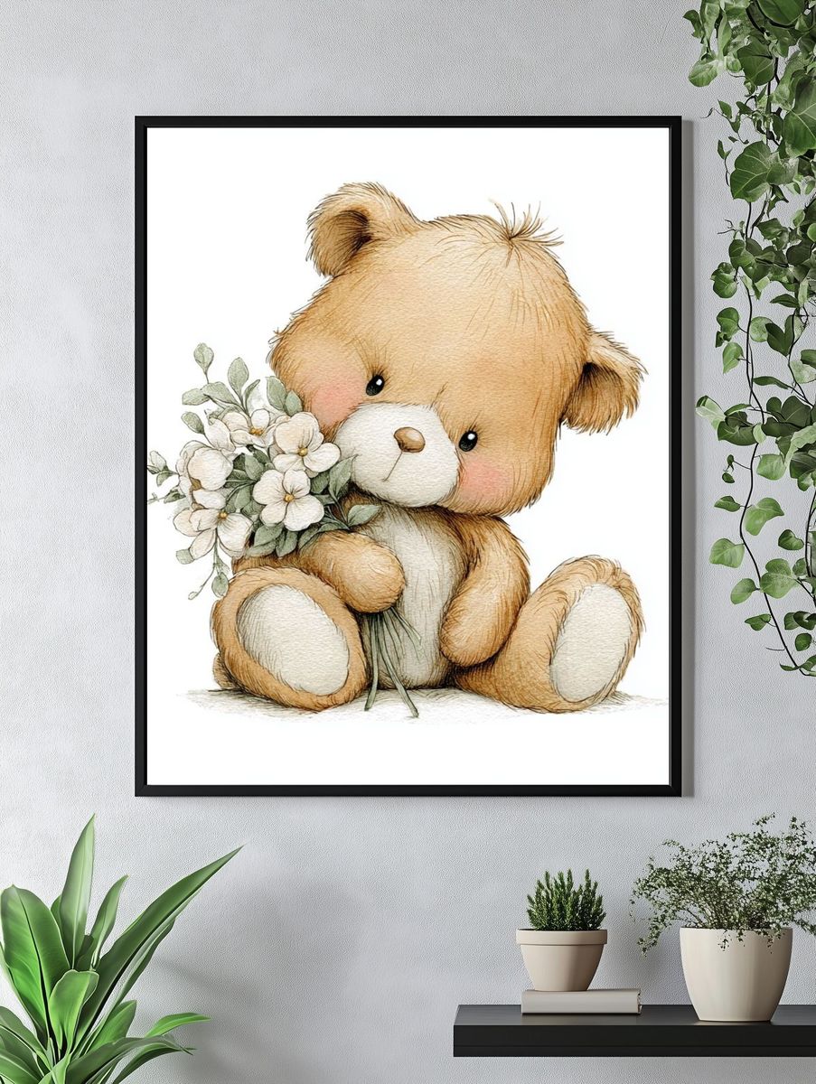 Cute Teddy Bear with Flowers — Illustration Print. — room view 4