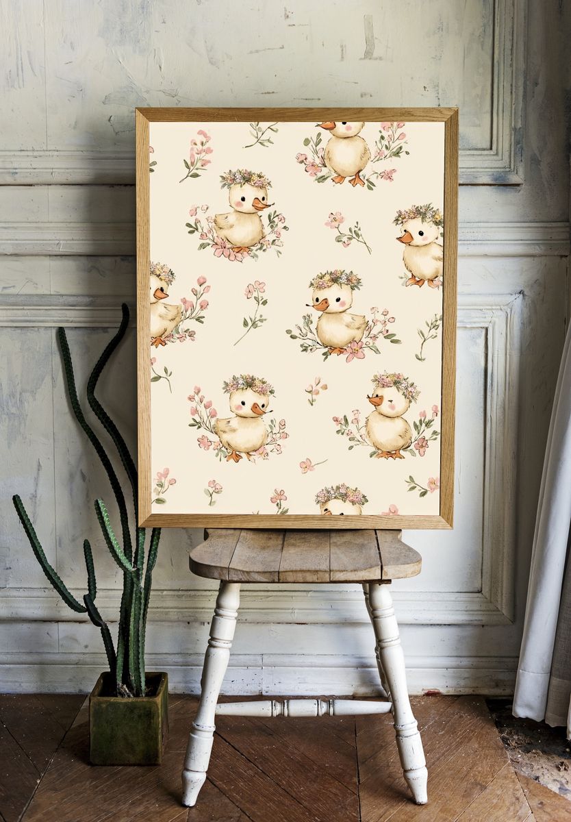 Cute Ducklings with Flowers — Kids Print room preview