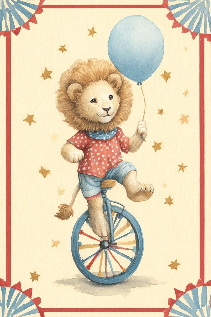 Circus Lion on Unicycle — Illustration Print. poster detail