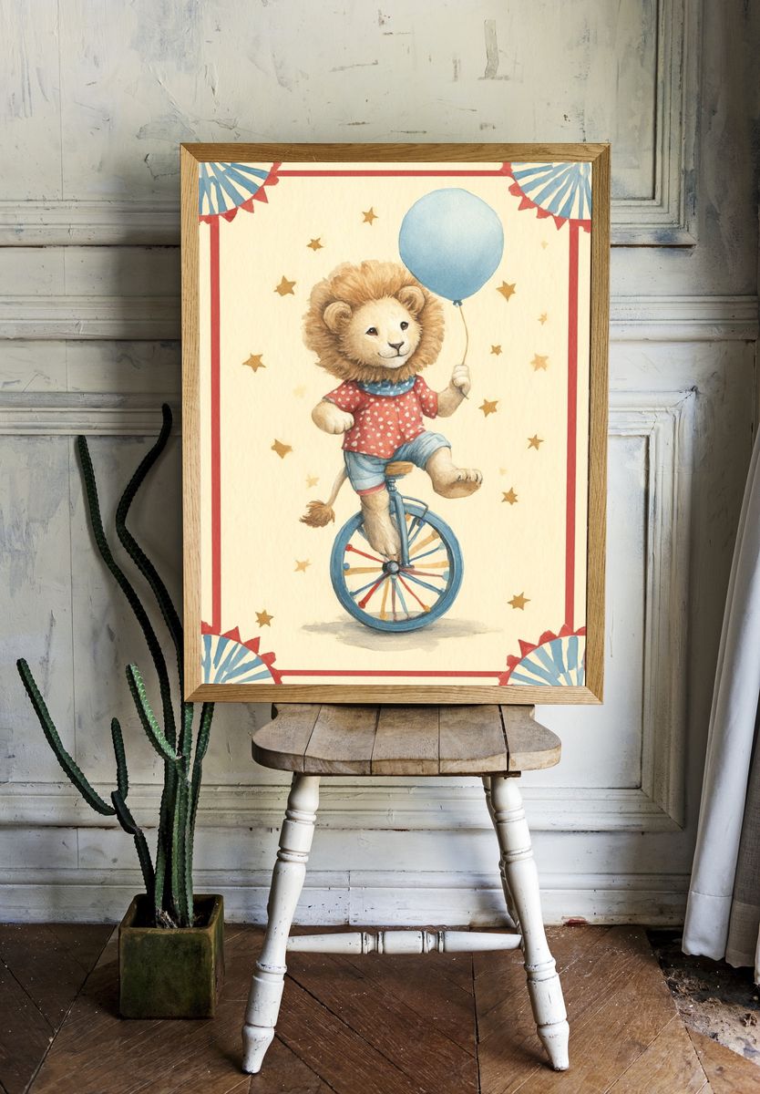 Circus Lion on Unicycle — Illustration Print. room preview