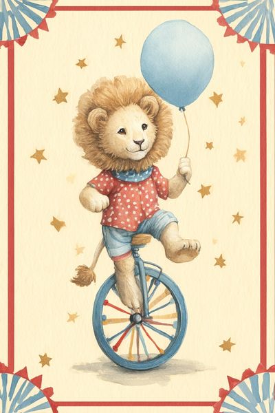 Circus Lion on Unicycle — Illustration Print. poster print