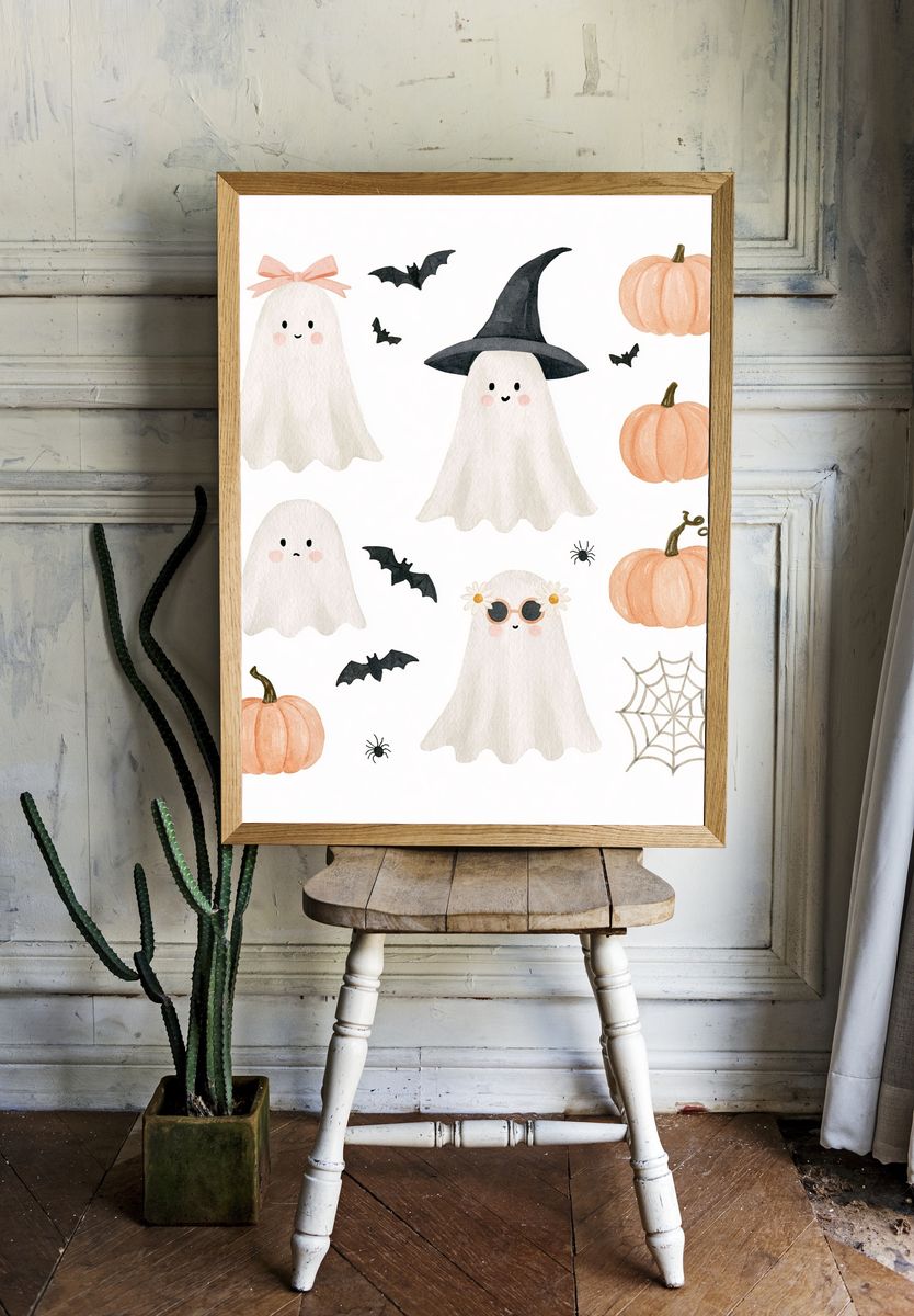 Cute Halloween Ghosts Watercolor Poster. — room view 1