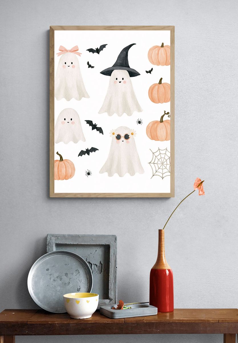 Cute Halloween Ghosts Watercolor Poster. — room view 3