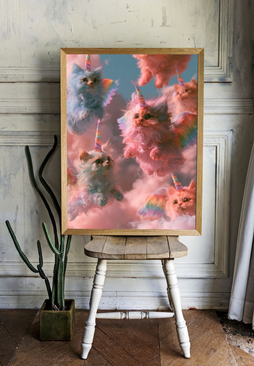 Rainbow Unicorn Kittens Illustration Poster. — room view 1