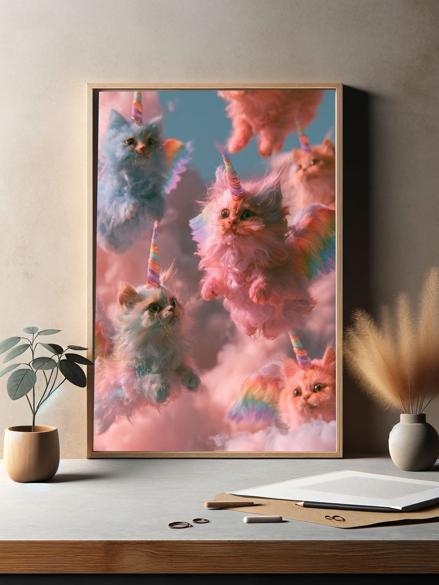 Rainbow Unicorn Kittens Illustration Poster. — room view 2