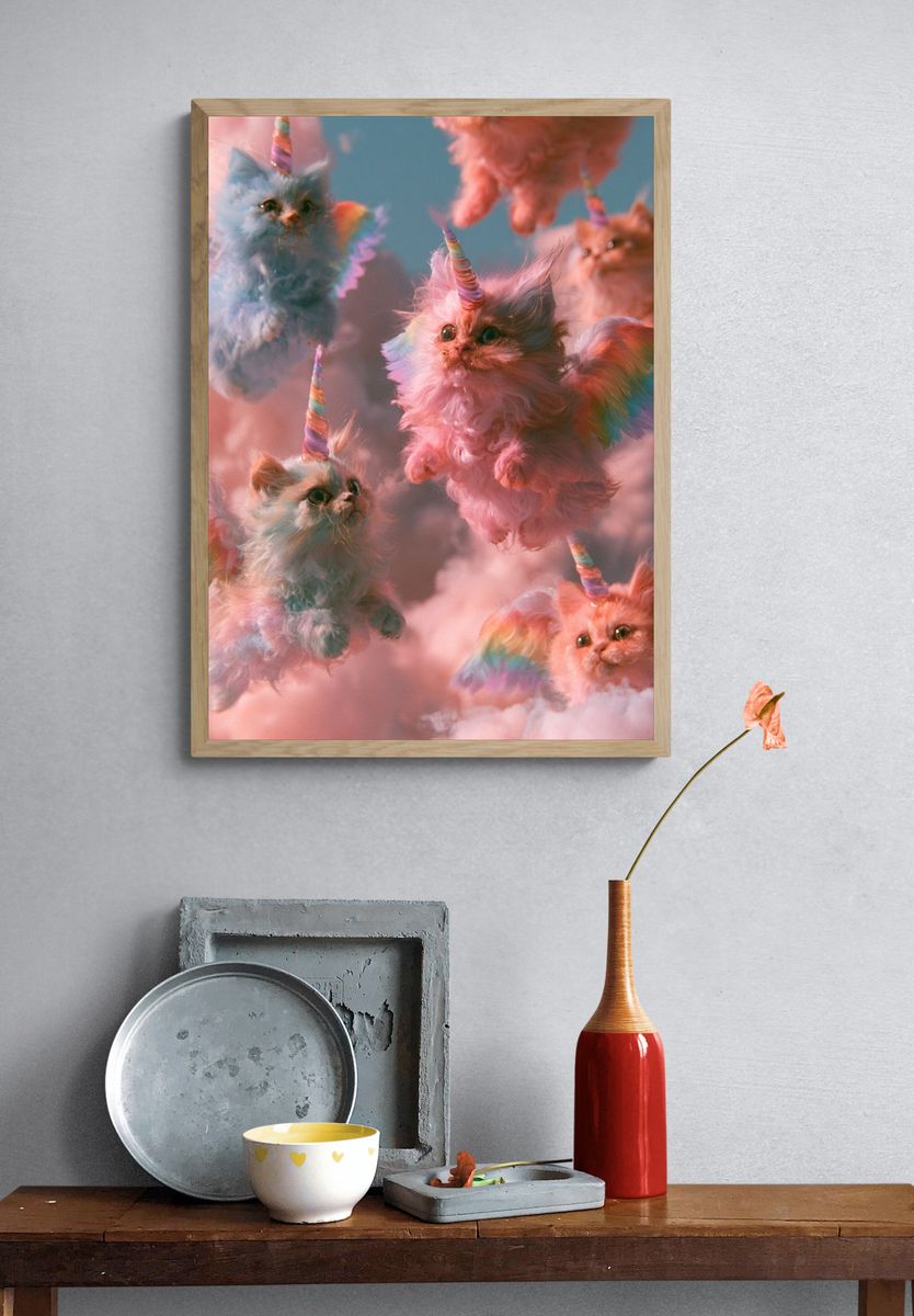 Rainbow Unicorn Kittens Illustration Poster. — room view 3