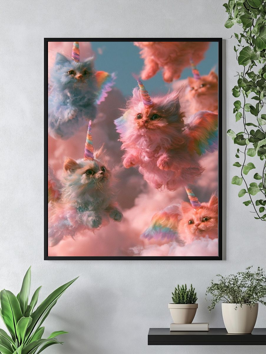 Rainbow Unicorn Kittens Illustration Poster. — room view 4